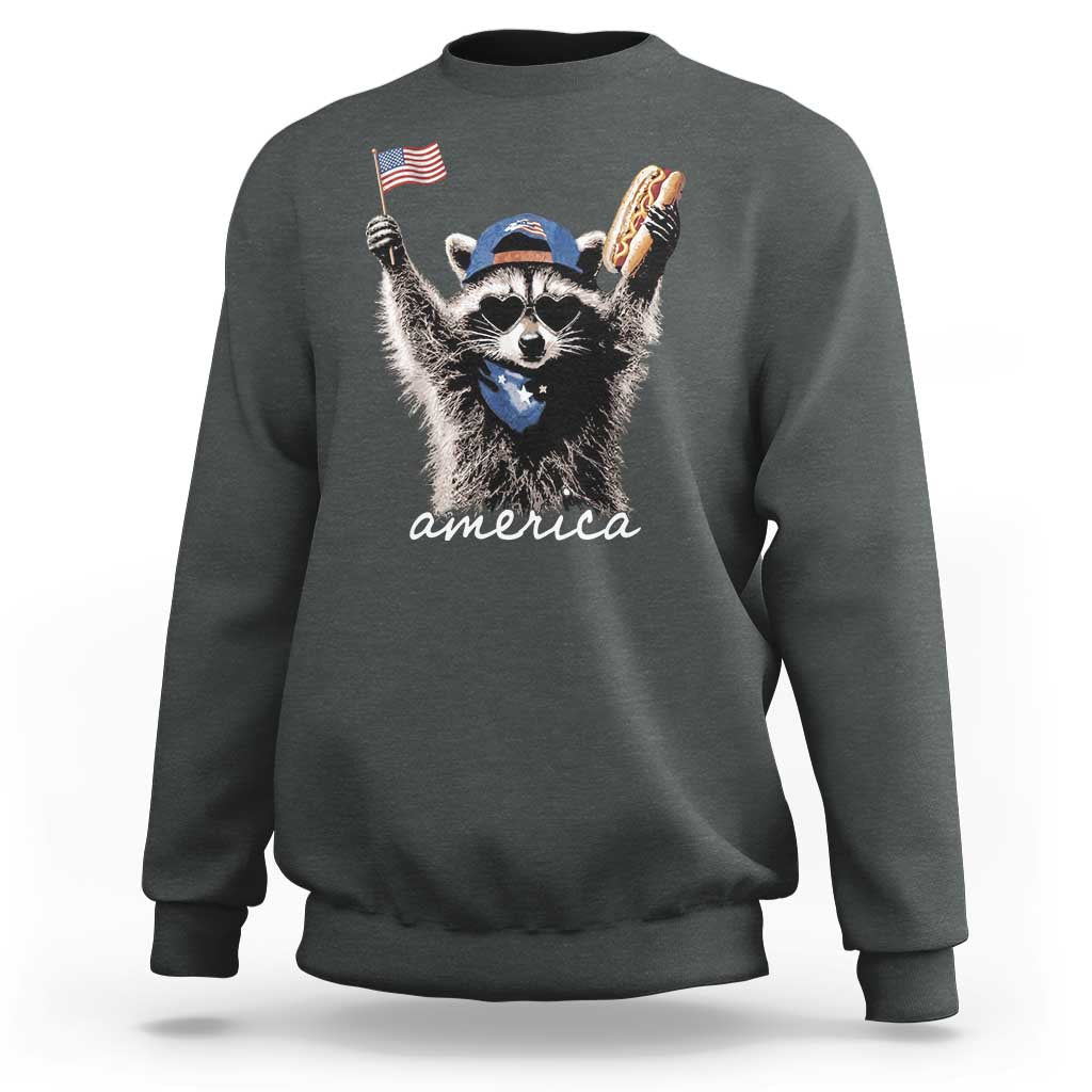 Funny America Raccoon Happy 4th of July Sweatshirt Holding Hotdog and US Flag Patriotic Graphic