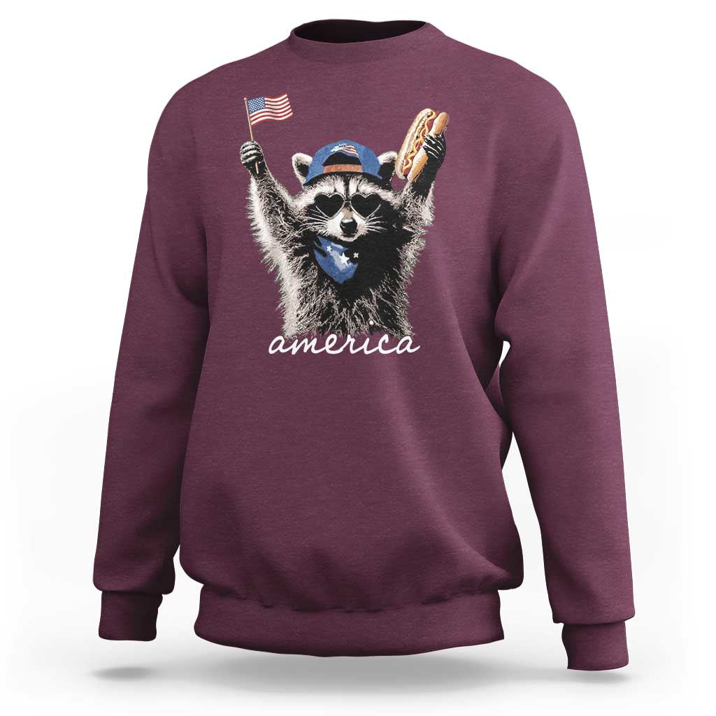 Funny America Raccoon Happy 4th of July Sweatshirt Holding Hotdog and US Flag Patriotic Graphic