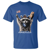 Funny America Raccoon Happy 4th of July T Shirt Holding Hotdog and US Flag Patriotic Graphic