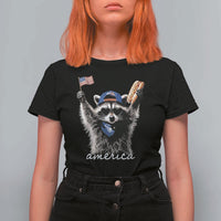Funny America Raccoon Happy 4th of July T Shirt For Women Holding Hotdog and US Flag Patriotic Graphic