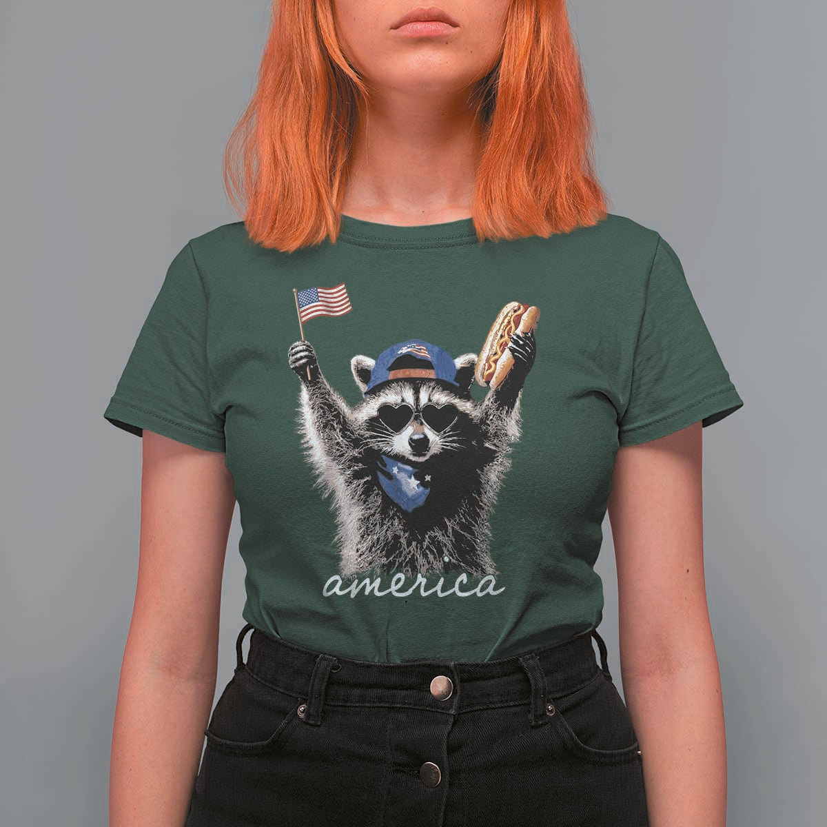 Funny America Raccoon Happy 4th of July T Shirt For Women Holding Hotdog and US Flag Patriotic Graphic