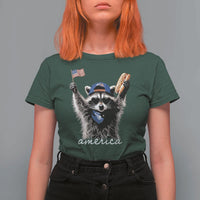 Funny America Raccoon Happy 4th of July T Shirt For Women Holding Hotdog and US Flag Patriotic Graphic