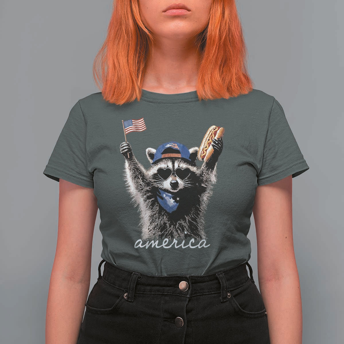 Funny America Raccoon Happy 4th of July T Shirt For Women Holding Hotdog and US Flag Patriotic Graphic