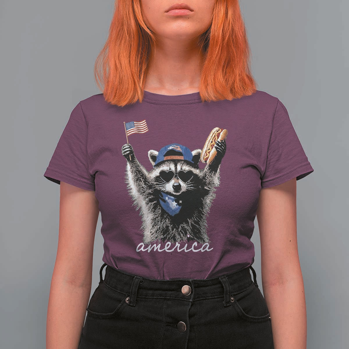 Funny America Raccoon Happy 4th of July T Shirt For Women Holding Hotdog and US Flag Patriotic Graphic