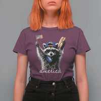 Funny America Raccoon Happy 4th of July T Shirt For Women Holding Hotdog and US Flag Patriotic Graphic