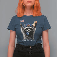 Funny America Raccoon Happy 4th of July T Shirt For Women Holding Hotdog and US Flag Patriotic Graphic