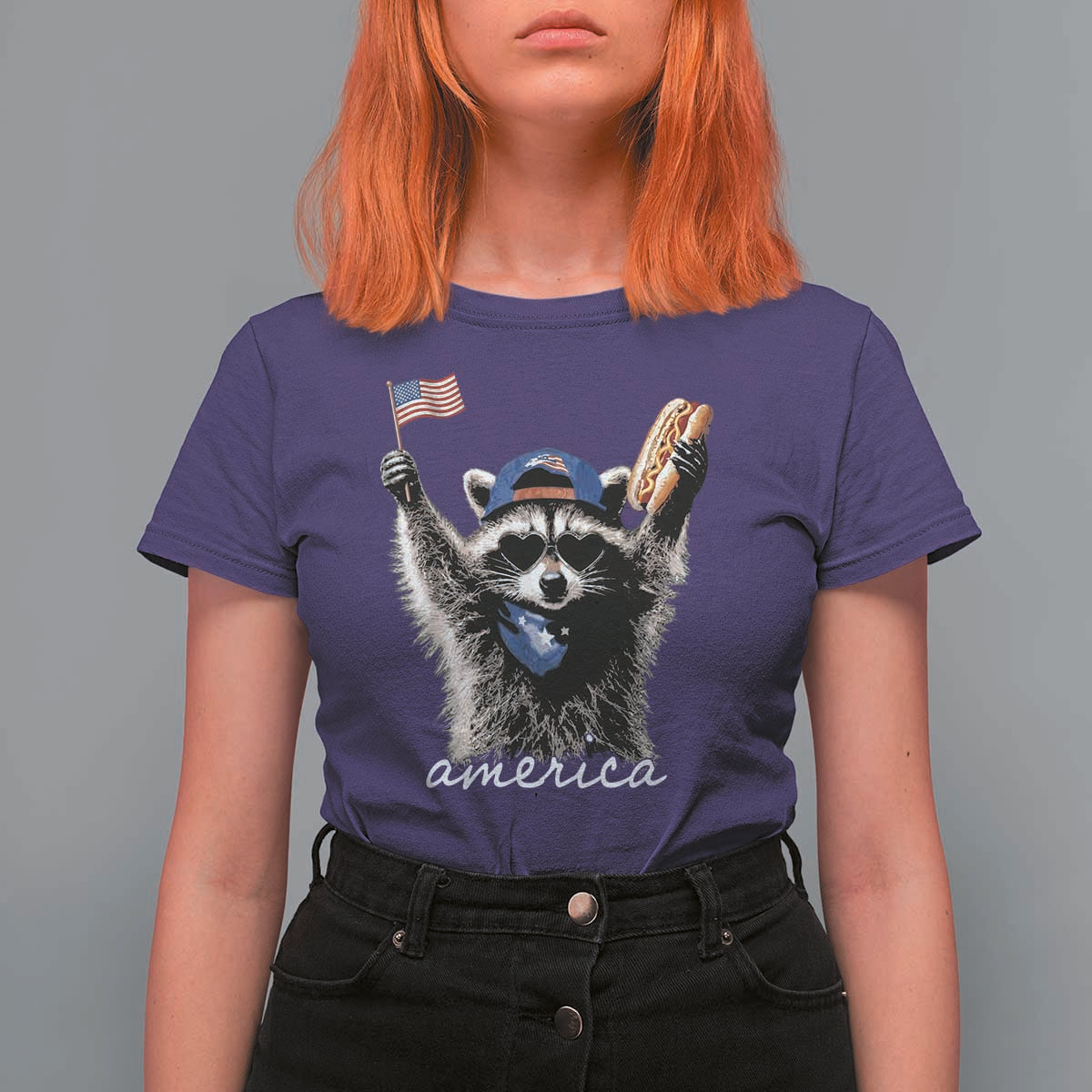 Funny America Raccoon Happy 4th of July T Shirt For Women Holding Hotdog and US Flag Patriotic Graphic