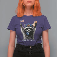 Funny America Raccoon Happy 4th of July T Shirt For Women Holding Hotdog and US Flag Patriotic Graphic