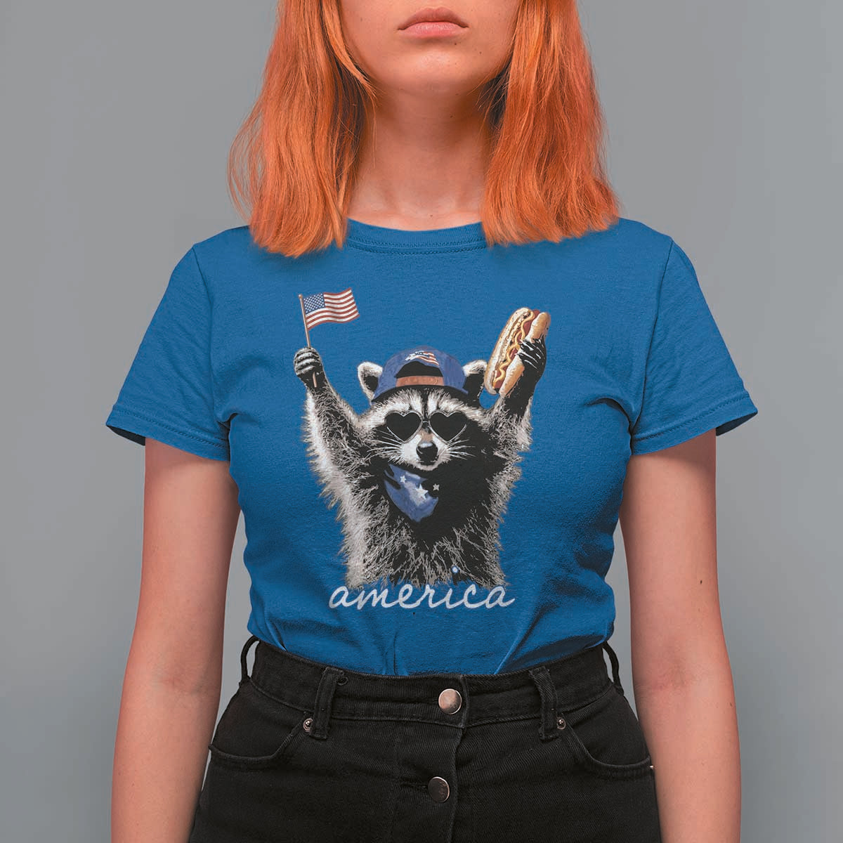 Funny America Raccoon Happy 4th of July T Shirt For Women Holding Hotdog and US Flag Patriotic Graphic
