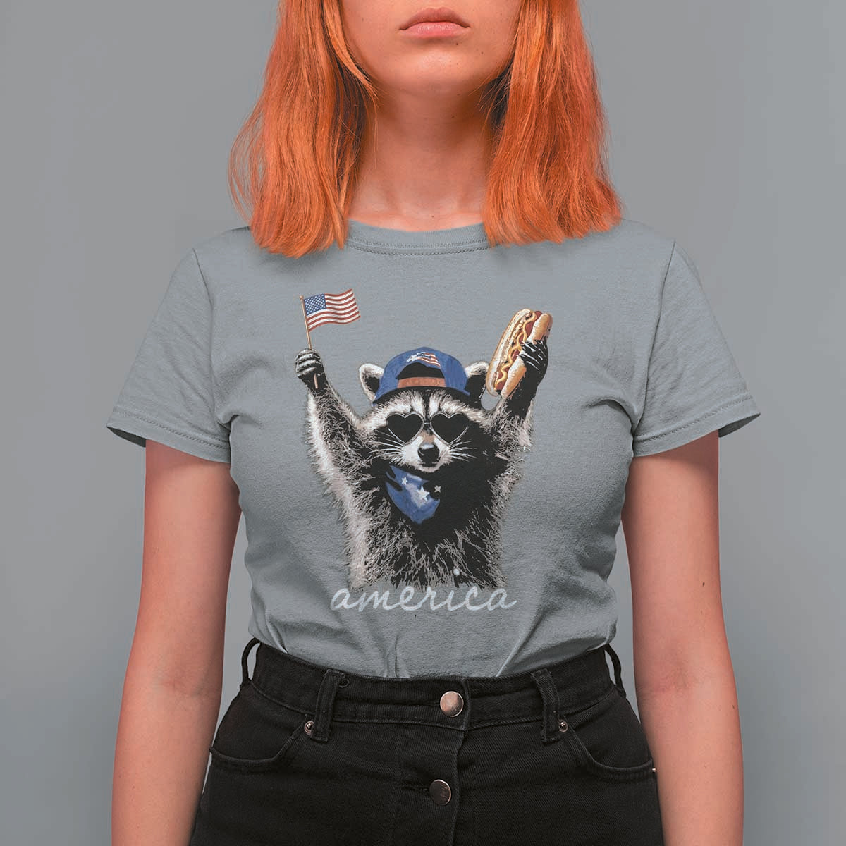 Funny America Raccoon Happy 4th of July T Shirt For Women Holding Hotdog and US Flag Patriotic Graphic