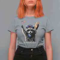 Funny America Raccoon Happy 4th of July T Shirt For Women Holding Hotdog and US Flag Patriotic Graphic