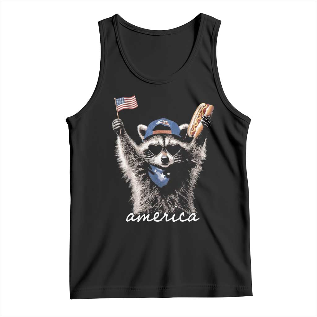 Funny America Raccoon Happy 4th of July Tank Top Holding Hotdog and US Flag Patriotic Graphic