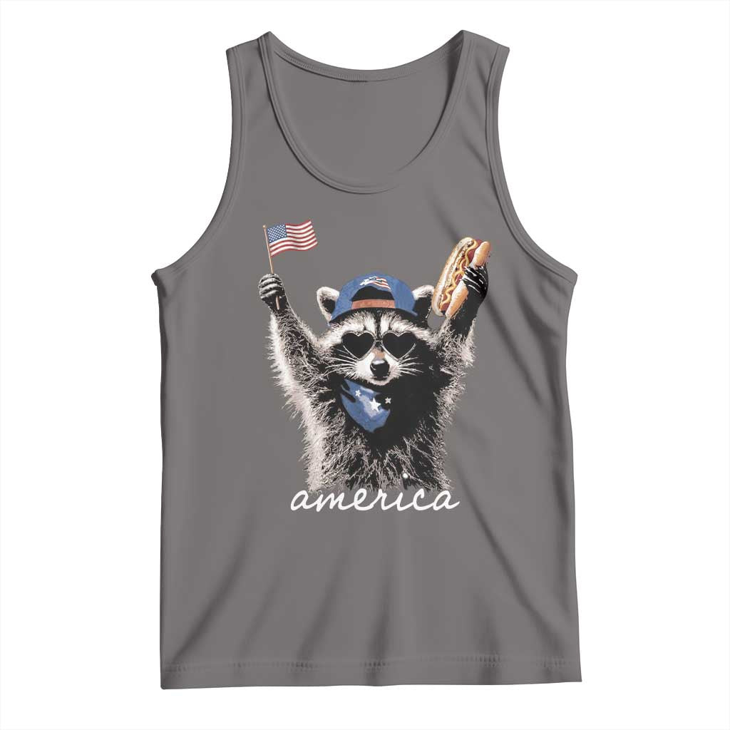 Funny America Raccoon Happy 4th of July Tank Top Holding Hotdog and US Flag Patriotic Graphic