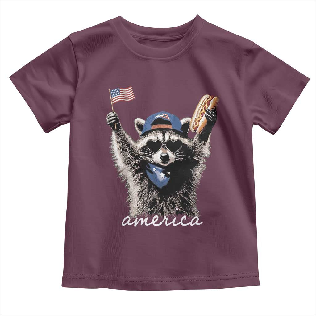 Funny America Raccoon Happy 4th of July Toddler T Shirt Holding Hotdog and US Flag Patriotic Graphic