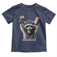 Funny America Raccoon Happy 4th of July Toddler T Shirt Holding Hotdog and US Flag Patriotic Graphic