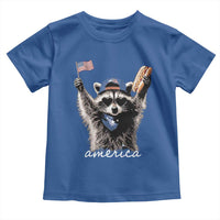 Funny America Raccoon Happy 4th of July Toddler T Shirt Holding Hotdog and US Flag Patriotic Graphic