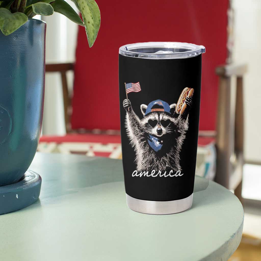 Funny America Raccoon Happy 4th of July Tumbler Cup Holding Hotdog and US Flag Patriotic Graphic