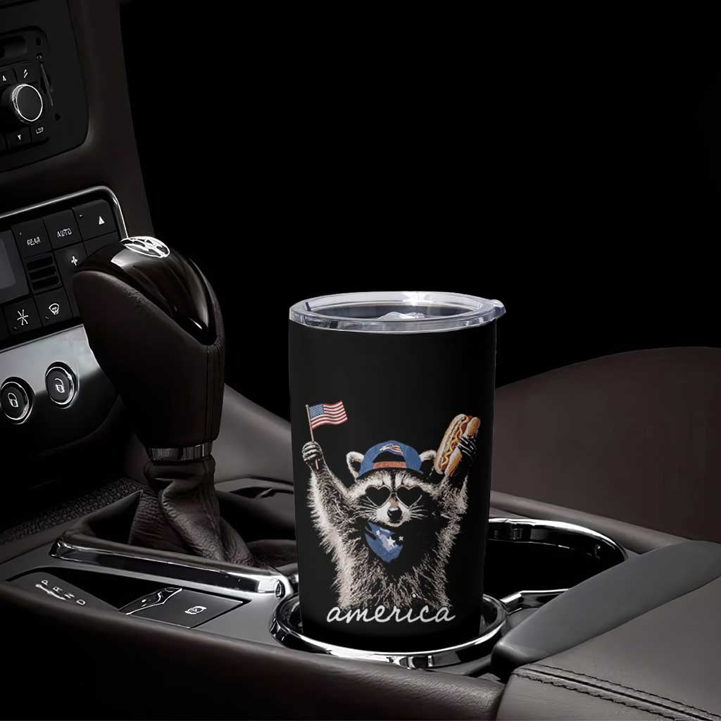 Funny America Raccoon Happy 4th of July Tumbler Cup Holding Hotdog and US Flag Patriotic Graphic