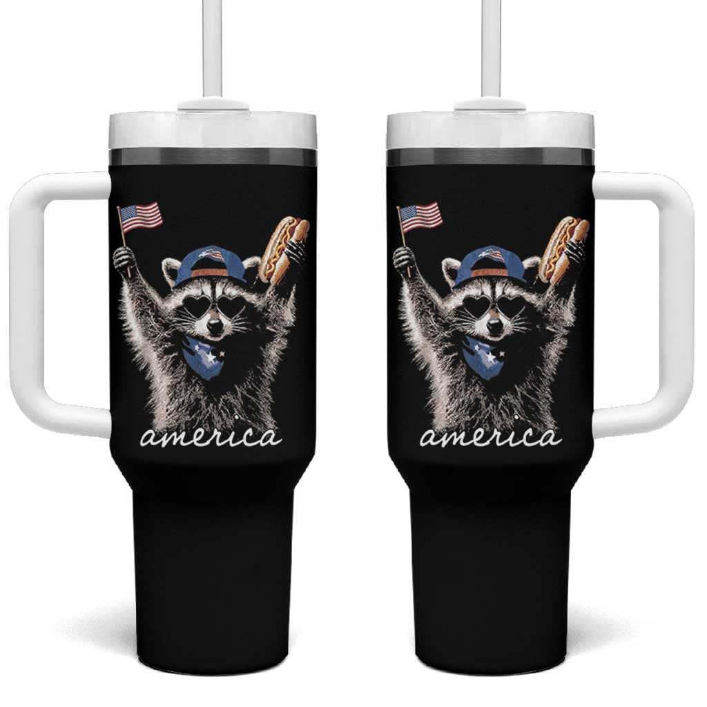 Funny America Raccoon Happy 4th of July Tumbler With Handle Holding Hotdog and US Flag Patriotic Graphic