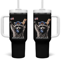 Funny America Raccoon Happy 4th of July Tumbler With Handle Holding Hotdog and US Flag Patriotic Graphic