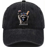 Funny America Raccoon Happy 4th of July Washed Cotton Baseball Cap Holding Hotdog and US Flag Patriotic Graphic