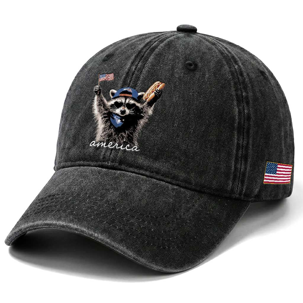 Funny America Raccoon Happy 4th of July Washed Cotton Baseball Cap Holding Hotdog and US Flag Patriotic Graphic