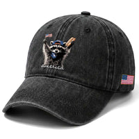 Funny America Raccoon Happy 4th of July Washed Cotton Baseball Cap Holding Hotdog and US Flag Patriotic Graphic