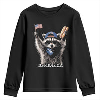 Funny America Raccoon Happy 4th of July Youth Sweatshirt Holding Hotdog and US Flag Patriotic Graphic