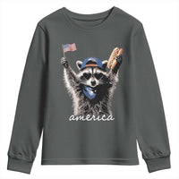 Funny America Raccoon Happy 4th of July Youth Sweatshirt Holding Hotdog and US Flag Patriotic Graphic