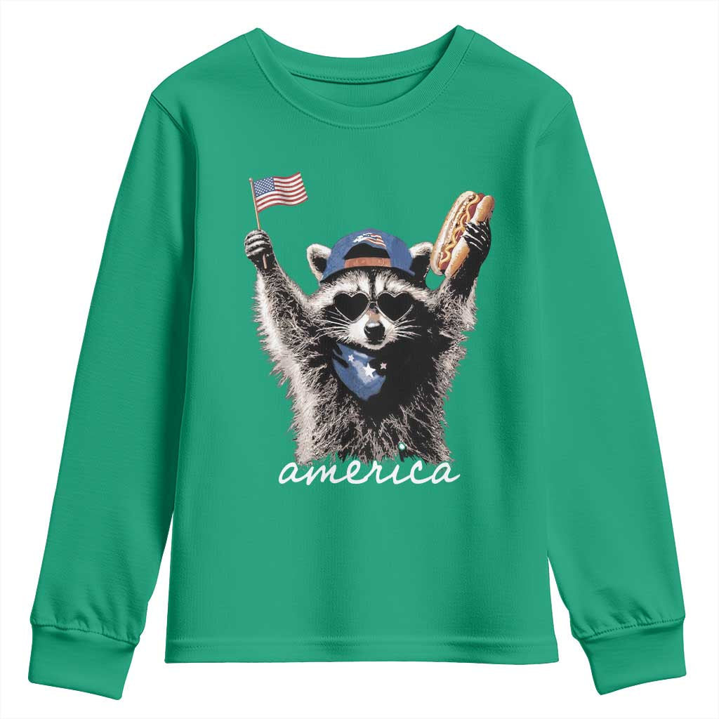 Funny America Raccoon Happy 4th of July Youth Sweatshirt Holding Hotdog and US Flag Patriotic Graphic