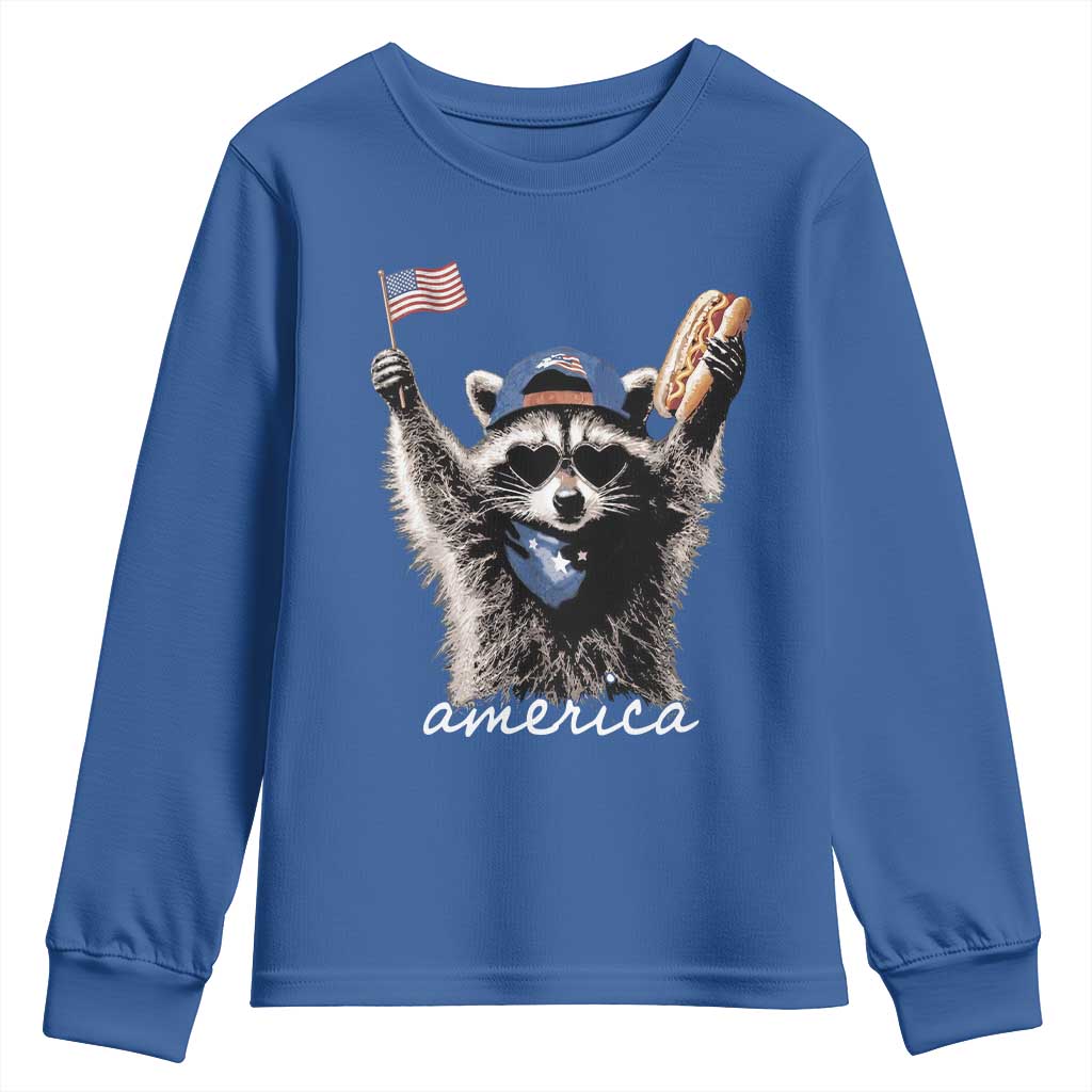 Funny America Raccoon Happy 4th of July Youth Sweatshirt Holding Hotdog and US Flag Patriotic Graphic