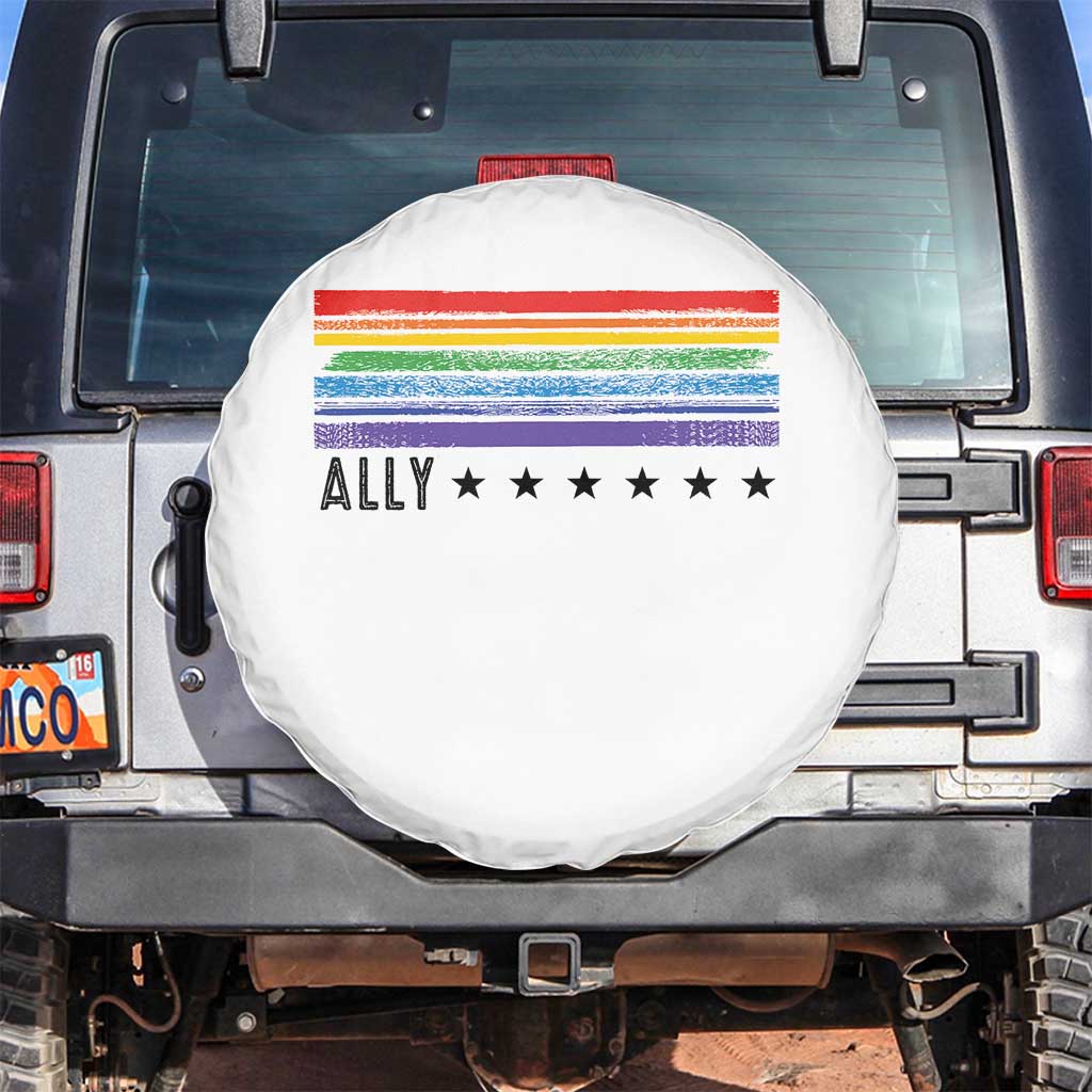 Retro Rainbow Ally Distressed Stripes Graphic Spare Tire Cover LGBTQ Support Pride Month