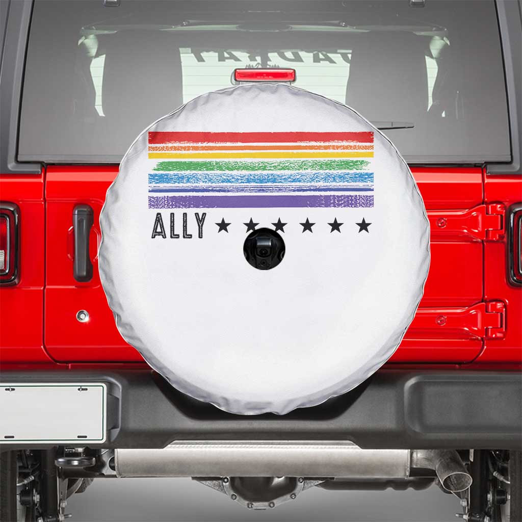 Retro Rainbow Ally Distressed Stripes Graphic Spare Tire Cover LGBTQ Support Pride Month