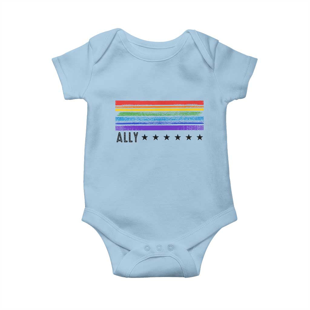 Retro Rainbow Ally Distressed Stripes Graphic Baby Onesie LGBTQ Support Pride Month
