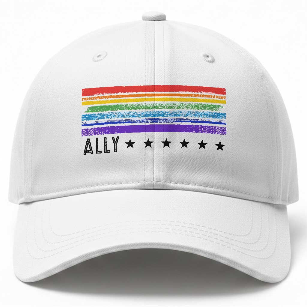 Retro Rainbow Ally Distressed Stripes Graphic Baseball Cap LGBTQ Support Pride Month