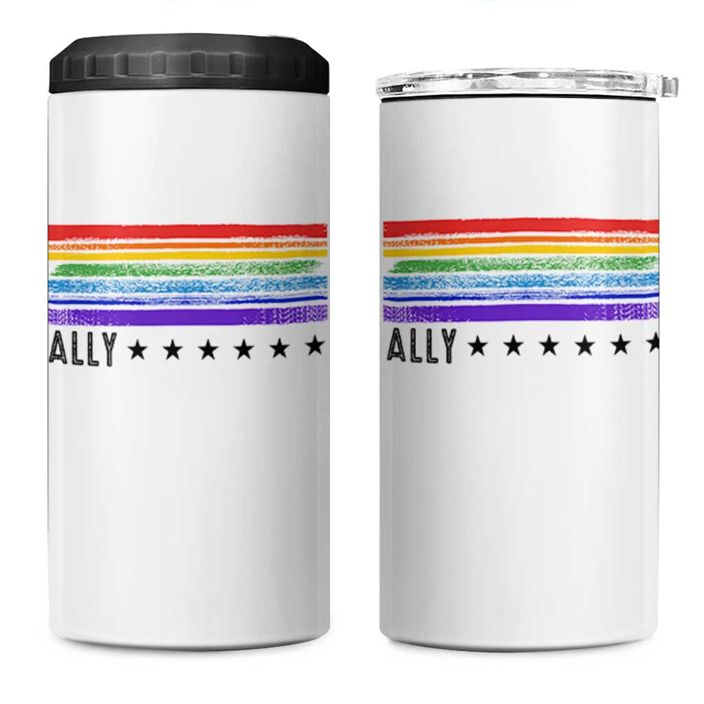 Retro Rainbow Ally Distressed Stripes Graphic 4 in 1 Can Cooler Tumbler LGBTQ Support Pride Month