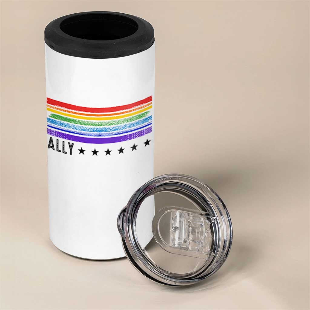 Retro Rainbow Ally Distressed Stripes Graphic 4 in 1 Can Cooler Tumbler LGBTQ Support Pride Month