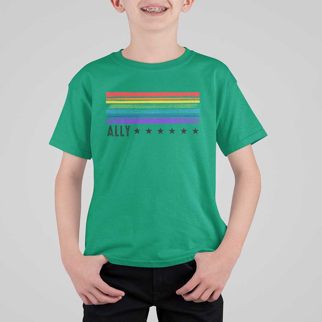 Retro Rainbow Ally Distressed Stripes Graphic T Shirt For Kid LGBTQ Support Pride Month