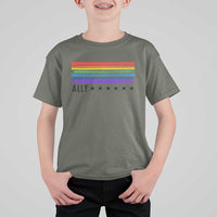 Retro Rainbow Ally Distressed Stripes Graphic T Shirt For Kid LGBTQ Support Pride Month