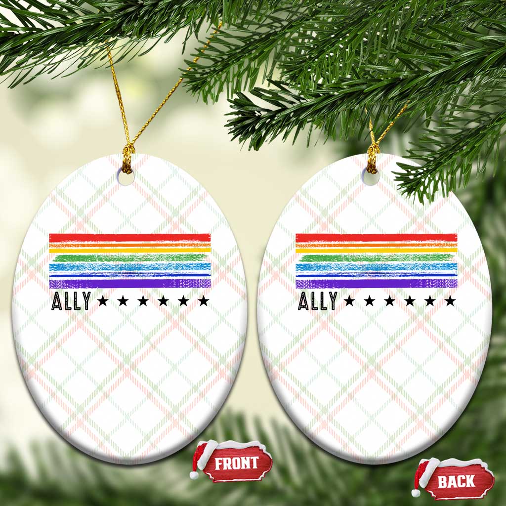 Retro Rainbow Ally Distressed Stripes Graphic Ceramic Ornament LGBTQ Support Pride Month