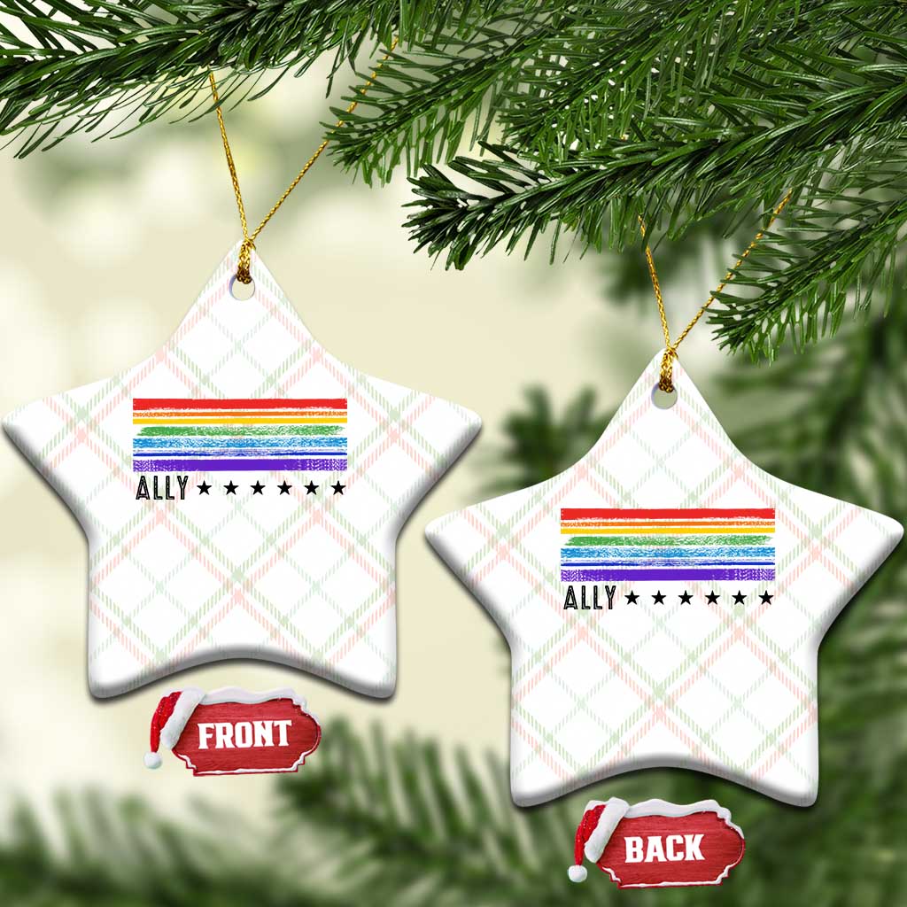 Retro Rainbow Ally Distressed Stripes Graphic Ceramic Ornament LGBTQ Support Pride Month