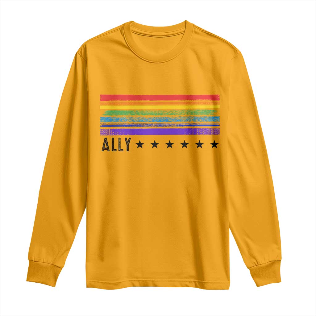 Retro Rainbow Ally Distressed Stripes Graphic Long Sleeve Shirt LGBTQ Support Pride Month