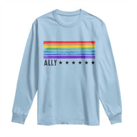 Retro Rainbow Ally Distressed Stripes Graphic Long Sleeve Shirt LGBTQ Support Pride Month