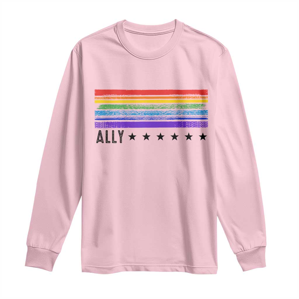 Retro Rainbow Ally Distressed Stripes Graphic Long Sleeve Shirt LGBTQ Support Pride Month