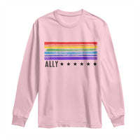 Retro Rainbow Ally Distressed Stripes Graphic Long Sleeve Shirt LGBTQ Support Pride Month