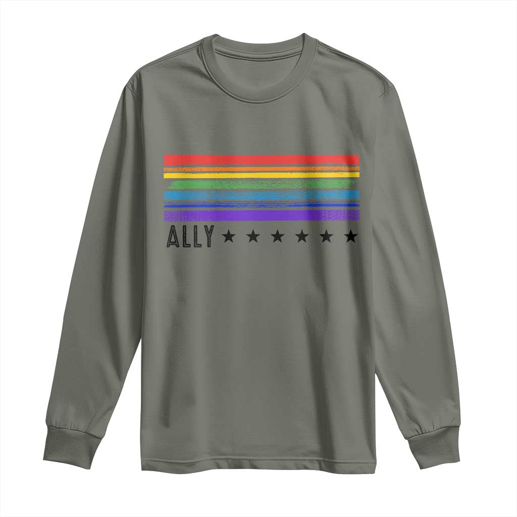 Retro Rainbow Ally Distressed Stripes Graphic Long Sleeve Shirt LGBTQ Support Pride Month