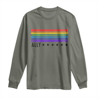 Retro Rainbow Ally Distressed Stripes Graphic Long Sleeve Shirt LGBTQ Support Pride Month