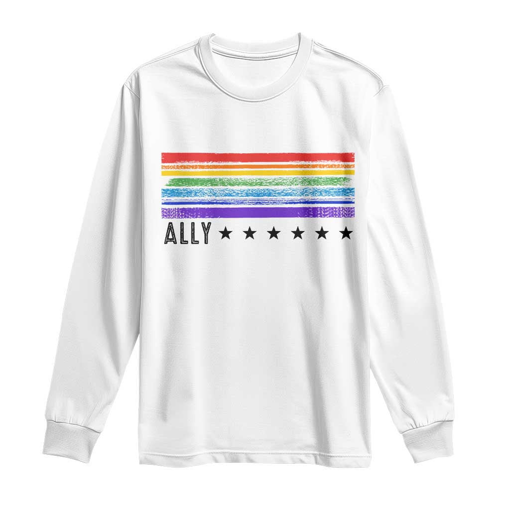 Retro Rainbow Ally Distressed Stripes Graphic Long Sleeve Shirt LGBTQ Support Pride Month