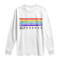 Retro Rainbow Ally Distressed Stripes Graphic Long Sleeve Shirt LGBTQ Support Pride Month