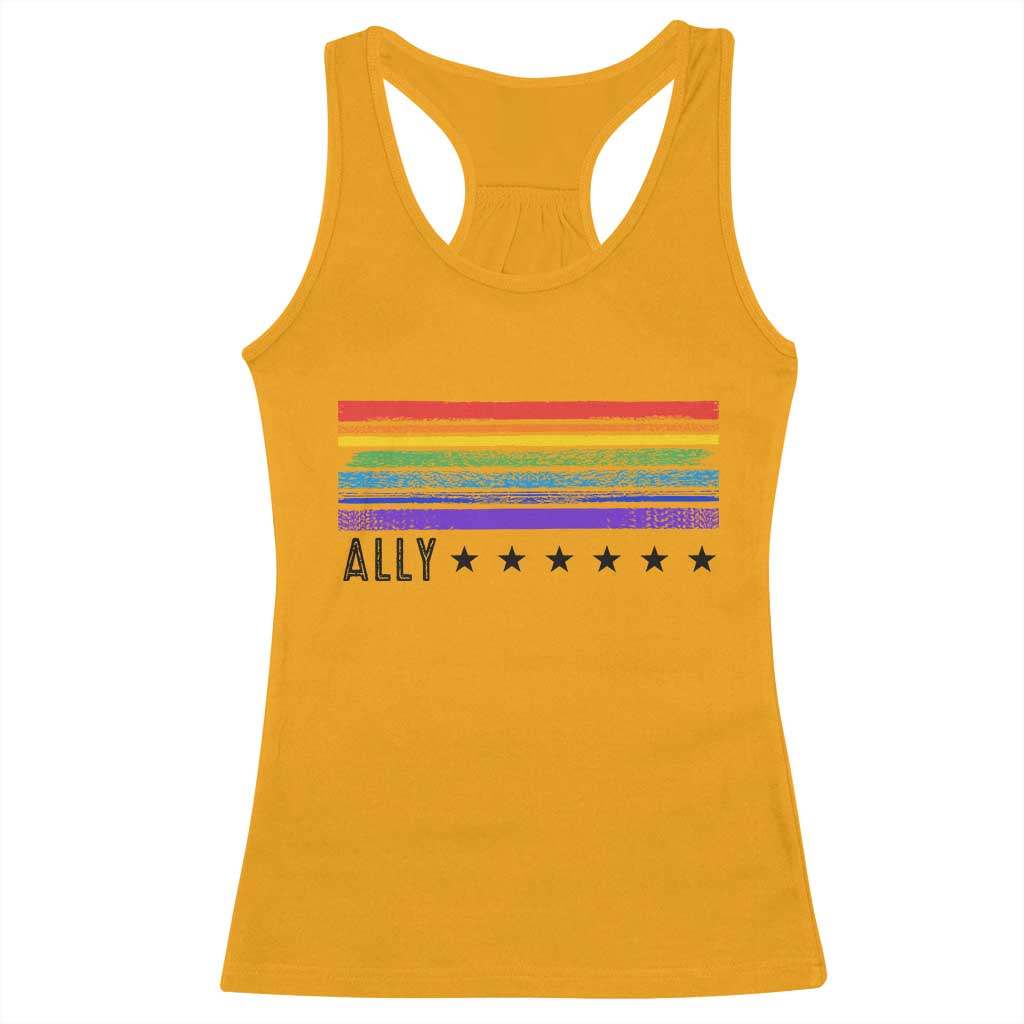 Retro Rainbow Ally Distressed Stripes Graphic Racerback Tank Top LGBTQ Support Pride Month